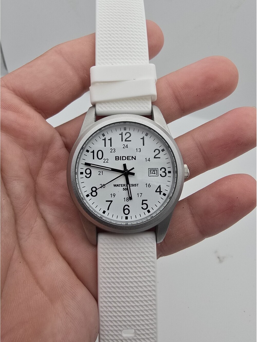 Biden 0540 Silver Field Watch White Dial 24H Date Quartz 50M White Silicone